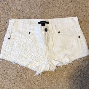 Forever 21 White Denim Crochet Raw Hem Shorts